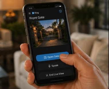 Ring app showing the Front Gate live view with an Open Gate button